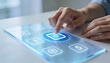 © CrazyJuke - Futuristic Interface Interaction: A hand touches a glowing holographic interface displaying digital icons and numbers, representing advanced technology and user experience.