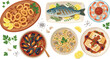 © MD - Mediterranean Seafood Feast Set With Calamari Grilled Fish Shrimp Mussels Pasta and Cod Lemon Garlic Herbs Vector Illustration