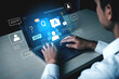 © InfiniteFlow - Digital Interaction Concept with Hands on Laptop Keyboard and Symbolic Chat Bubbles Representing Online Communication and Help in Modern Technology Environment. Bitwise.
