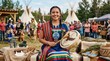 © Ирина Батюк - Woman wearing traditional indigenous attire, celebrating national indigenous peoples day, canada, presenting a ceremonial drum, smiling during an outdoor cultural gathering, june 21.