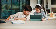 © peopleimages.com - Homework, help and children in home with tablet, online activity and project on academic app. Homeschool, tech and siblings in kitchen with teamwork, lesson or assessment for remote education
