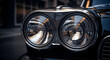 © Mustadir - Close-up detail of iconic twin round dual headlights on a shiny, glossy black classic car body with elegant studio light reflections.