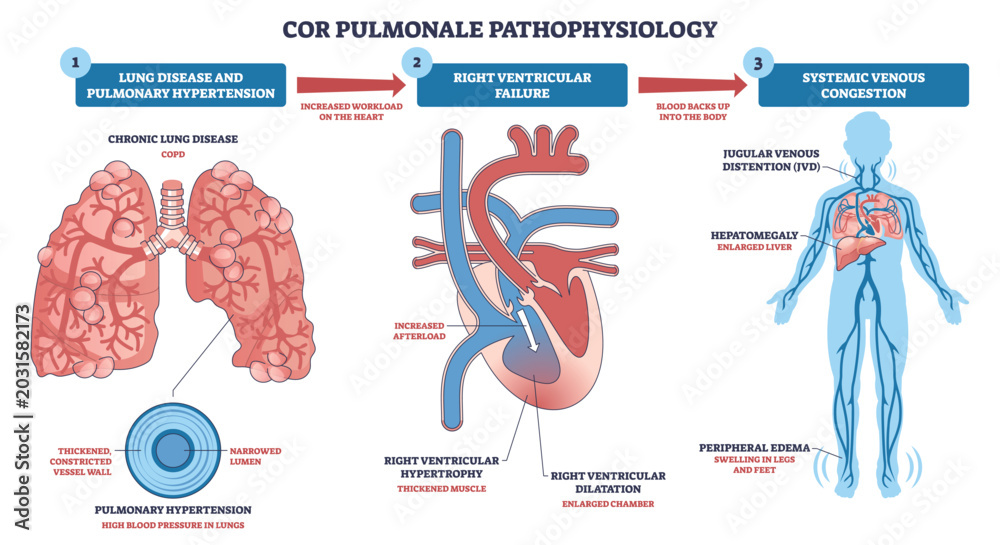 Pathophysiology Vector Cor pulmonale pathophysiology shows how lung disease leads to pulmonary ...