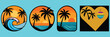 © Nazma - Tropical Summer Sunset Beach Vector Icon Set with Palm Trees, Ocean Waves and Retro Vacation Badge Design.
