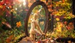 © liam turner - A mannequin kneels before a mirror in autumn woods, symbolizing reflection, identity, and the fusion of nature with surreal introspection.
