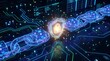 © 栗田樹志夫 - Secure Blockchain Technology Concept with Glowing Gold Shield Lock and Digital Holographic Chain Protection on Dark Circuit Background