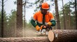 © Alya - Man in orange safety gear actively cutting a felled tree with a chainsaw in a forest setting