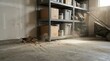 © ZHMPRO - Dusty basement storage shelf with cardboard boxes and rodent droppings scattered on concrete floor causing health risks.