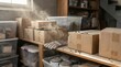 © ZHMPRO - Basement storage area with dusty cardboard boxes and mouse droppings on shelves near paint cans and work gloves gear.