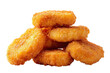 © mahatabuddin - Crispy golden fried chicken nuggets piled up isolated on transparent background. Stack of golden brown chicken nuggets cookies with crumbly texture isolated on white background.