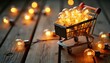 © miss irine - Miniature shopping cart filled with glowing incandescent bulbs sits on wood. Many bright bulbs are scattered around, creating a warm light. Purchase idea for new business solution.