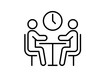 © Gabrieuskal - Icono lineal de dos personas sentadas en una mesa frente a frente bajo un reloj analógico para una reunión de negocios