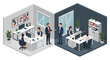 © Purnomo Semlirick - Isometric office interior vector illustration showing two distinct workspaces with employees working at desks