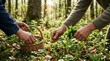 © FYN ART - Hands picking wild greens in a sunlit forest, gathering foraged food in a basket.