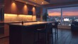 © Bussakon - A warm modern interior space overlooks a dramatic sunset cityscape through expansive
