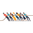 © Jaman - Teamwork tug-of-war concept, people pulling rope together.
