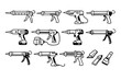 © Hamza - Minimalist Black Line Art Caulking Gun and Sealant Applicator Icon Set Featuring Various Manual, Cordless, and Pneumatic Tools for Construction, Home Repair, and Professional Sealing Projects.