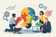 © Hurrain - Diverse business team collaborating to assemble a lightbulb puzzle, symbolizing innovation, creative problem-solving, and strategic teamwork in a modern corporate office environment.