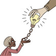 © Miasahin - Diverse hands exchanging a lightbulb suspended from a metal chain vector illustration on white assistance collaboration