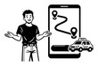 © Graphic Gurus - Man presenting a ride-hailing app on a smartphone, showing navigation with route, pick-up, drop-off pins, and a taxi icon