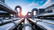 © Curioso.Photography - Industrial pipeline system with metallic pipes and valves under blue sky, representing energy infrastructure, oil and gas industry and modern engineering concept.