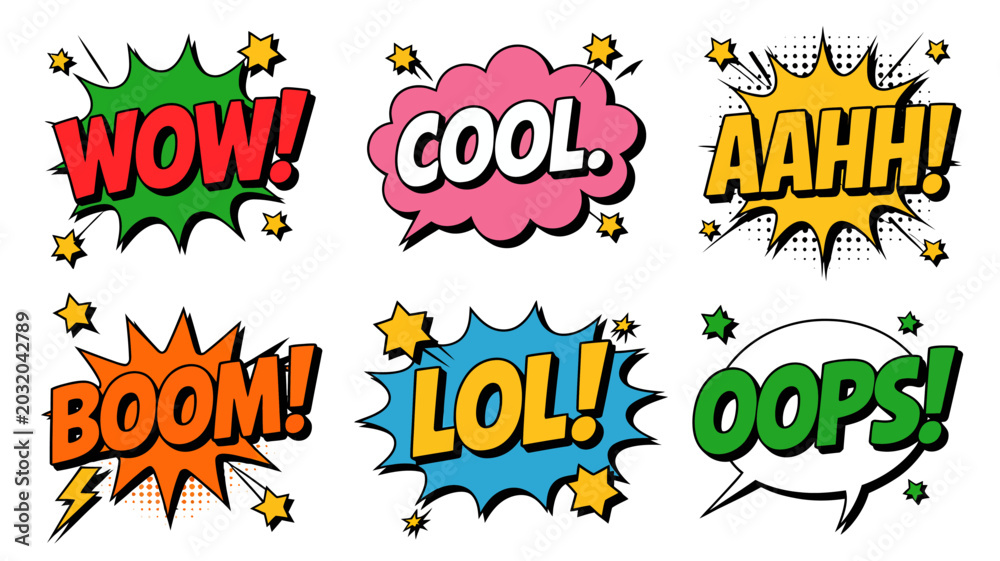 Comic style speech bubbles with onomatopoeia colorful vector ...