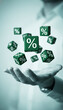 © Mirivox - Green cubes with percentage symbols float above an open palm, symbolizing financial opportunity, discounts, or sale concepts with a focus on business growth and deals