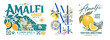 © T-elle - Vintage Amalfi Coast vector poster set with lemons, seaside village, ceramic tiles, sailboat, sun, Italian lettering, coastal landscape and Mediterranean travel illustration on a transparent backgroun