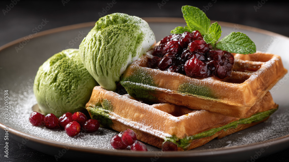Stock-Foto „Stacked mochi matcha waffles topped with scoops of green ...