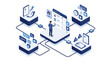 © vickryab - Isometric digital healthcare dashboard illustration showing a medical administrator managing patient records, telemedicine communication, and hospital workflow data in a modern blue style.