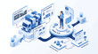 © vickryab - Isometric Fleet Management and Logistics Safety Hub Illustration. Blue 3D Vector Dashboard for Transportation Tracking, Driver Coaching, and Supply Chain Technology Web Design.