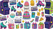 © Rajib - Retro 90s Arcade Birthday Party Vector Set Featuring Neon Arcade Cabinets Roller Skates Cassette Tapes and Vintage Game Consoles for Nostalgic Event Graphics