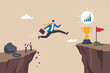 © Hanufa - Business challenge, ambition to win competition or better than previous try, effort to achieve target or goal, overcome difficulty concept, businessman with briefcase long jump to winning new record