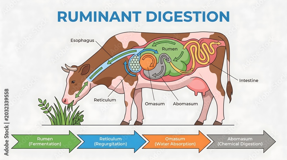 Ruminant Process Ruminant Digestion Process in a Cow Illustration Showing the Four ...