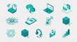 © Monoara - Collection of teal isometric icons representing various technology and communication concepts