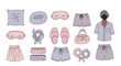 © Mamun - Collection of cozy sleepwear and nighttime accessories including pajama sets, sleep masks, slippers, and hair ties.