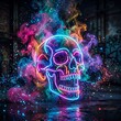 © sultana - Neon Skull Surrealism: A vibrant neon skull glows intensely, surrounded by swirling, colorful smoke and glittering particles against a gritty urban backdrop. A fusion of light, color, and mystery.