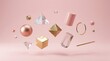 © soem - Geometric shapes float against a soft pink background. A collection of crystal spheres, cubes, pyramids, and rings are suspended in mid-air, creating a sense of depth and movement.
