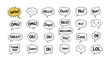 © Uzzal - Large variety of hand drawn speech bubbles containing popular comic book expressions and emotional reactions in black ink.