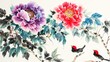 © Don't let this prese - Watercolor purple and red peonies with green blue leaves three small black white red headed birds below one gazes up two interact fluid ink wash strokes soft colors flowers top birds bottom white spac
