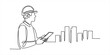 © Surjo Stocker_2026 - Continuous line drawing of a construction engineer wearing a hard hat and holding a tablet while looking at a city building project skyline