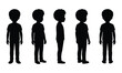 © Md - Full-body silhouettes of a young boy with afro hair in various standing poses, including front, side, and three-quarter views, on a clean white background.
