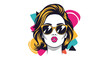 © Chandan - Stylish woman with blonde hair and sunglasses blows a kiss against a background of colorful abstract geometric shapes.