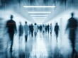© Generative AI - Blurred silhouettes of people walking down a brightly lit, modern corridor with reflective floors and ceiling lights