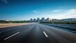 © Generative AI - Empty highway vanishing into a distant cityscape under a clear blue sky, symbolizing travel and progress.