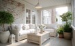 © Generative AI - Bright and airy sunroom with white wicker furniture, plants, and a brick accent wall, creating a serene indoor outdoor living space