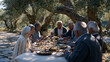 © Tania - Sardinian centenarians gathered around an outdoor table for a communal afternoon meal featuring fava beans, pecorino, and seasonal vegetables, blue zones longevity diet ritual with laughter mid-conv