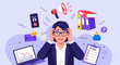 © Adam - Overwhelmed office worker, stressed businessman, frustrated employee, modern workspace, colorful vector illustration