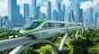 © Zahid - Green and white monorail train travels through cityscape with modern skyscrapers and park