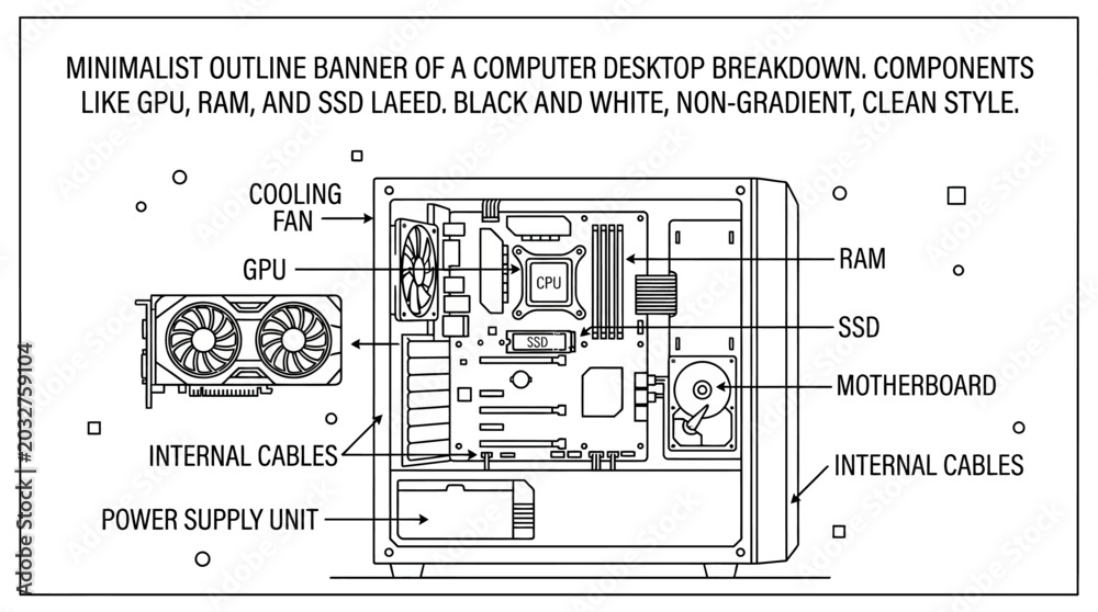 Computer Components Breakdown Minimalist outline diagram of a computer desktop internal components ...
